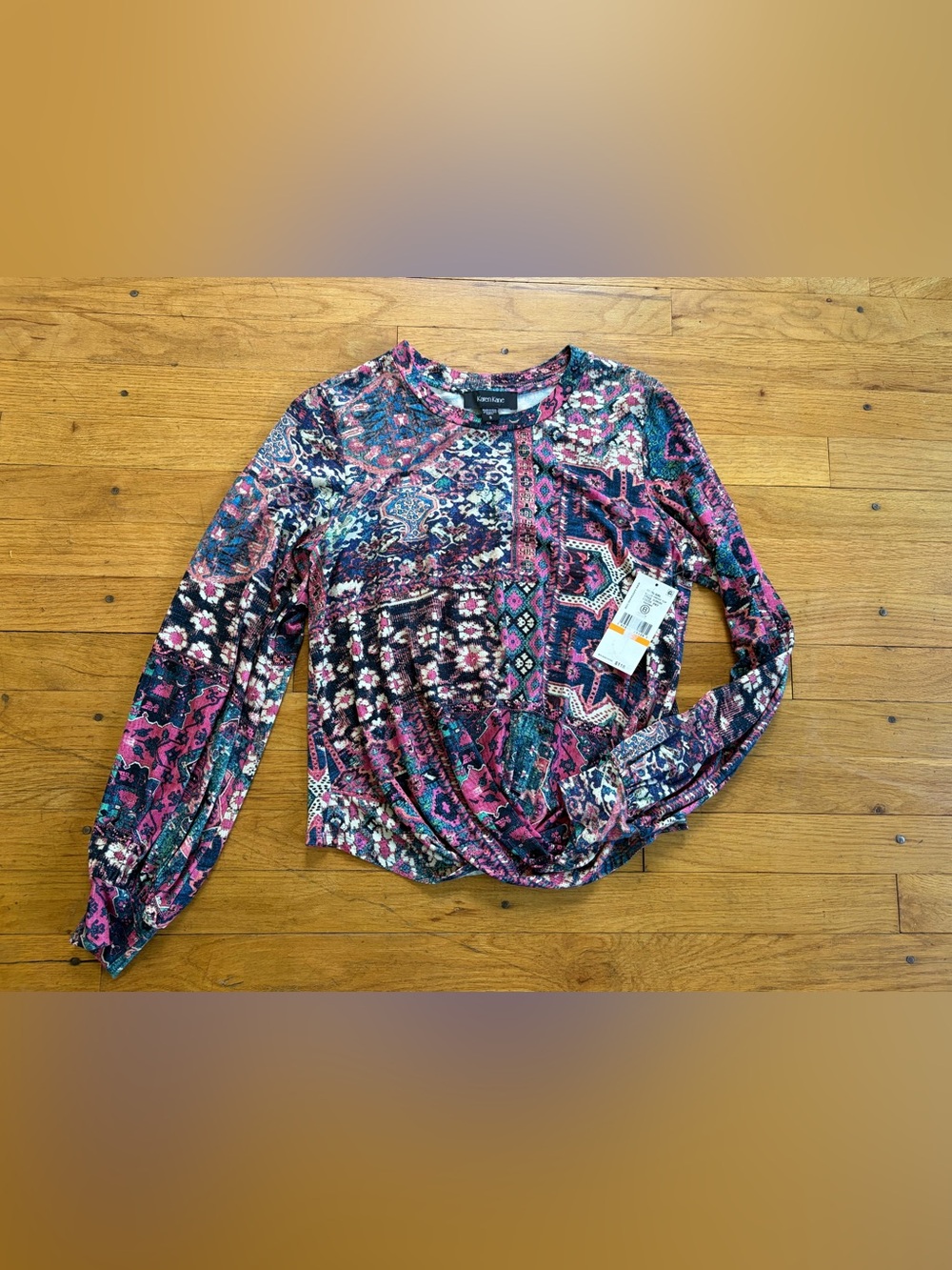 Karen Kane Pink Multi Patchwork-Print Long Sleeve Top size small NWT